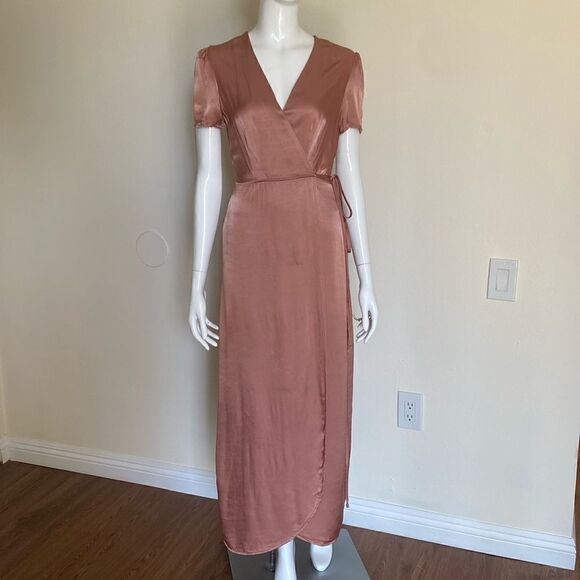 WAYF Rose Gold Gwyneth Wrap Satin Midi Dress Size Small - Picture 4 of 16